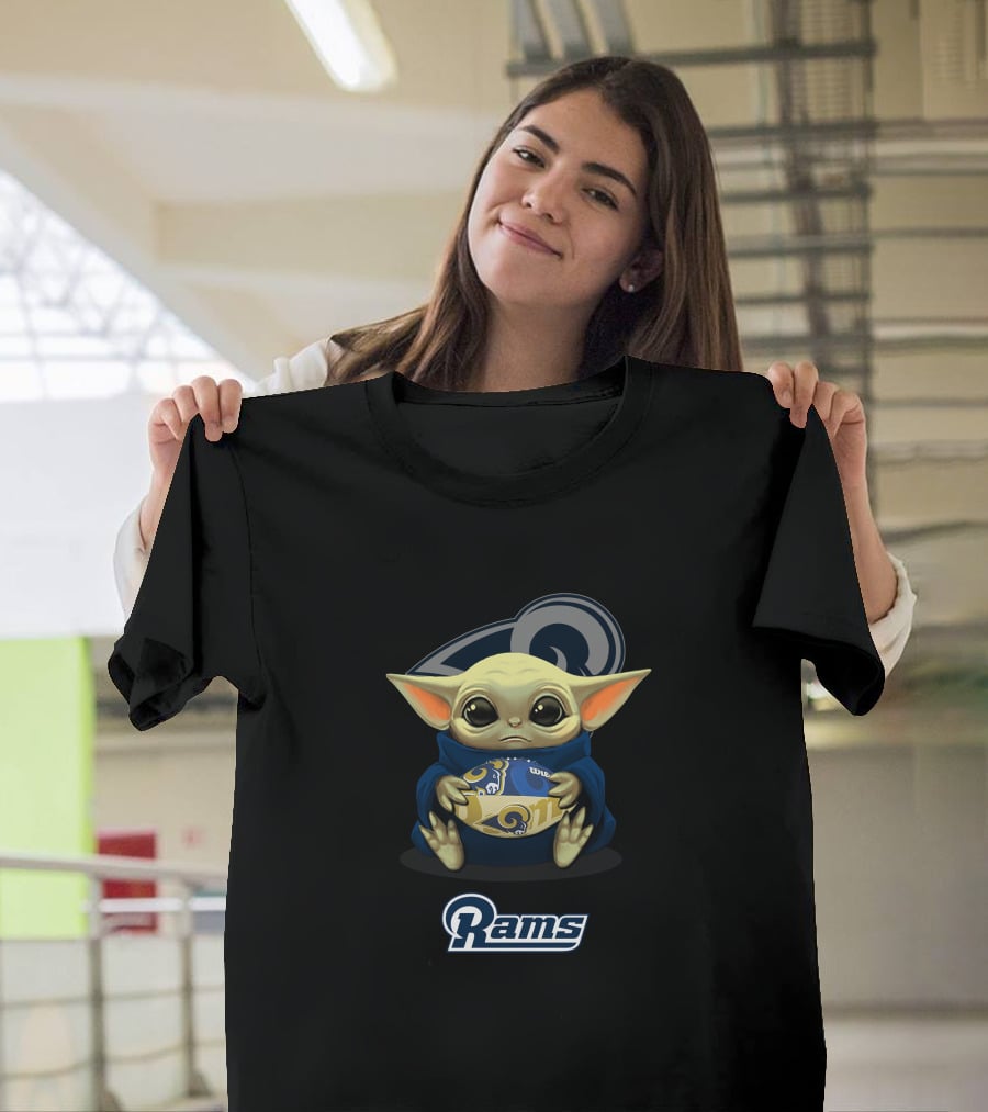 Los Angeles Rams Baby Yoda Holding Team Football T-Shirt