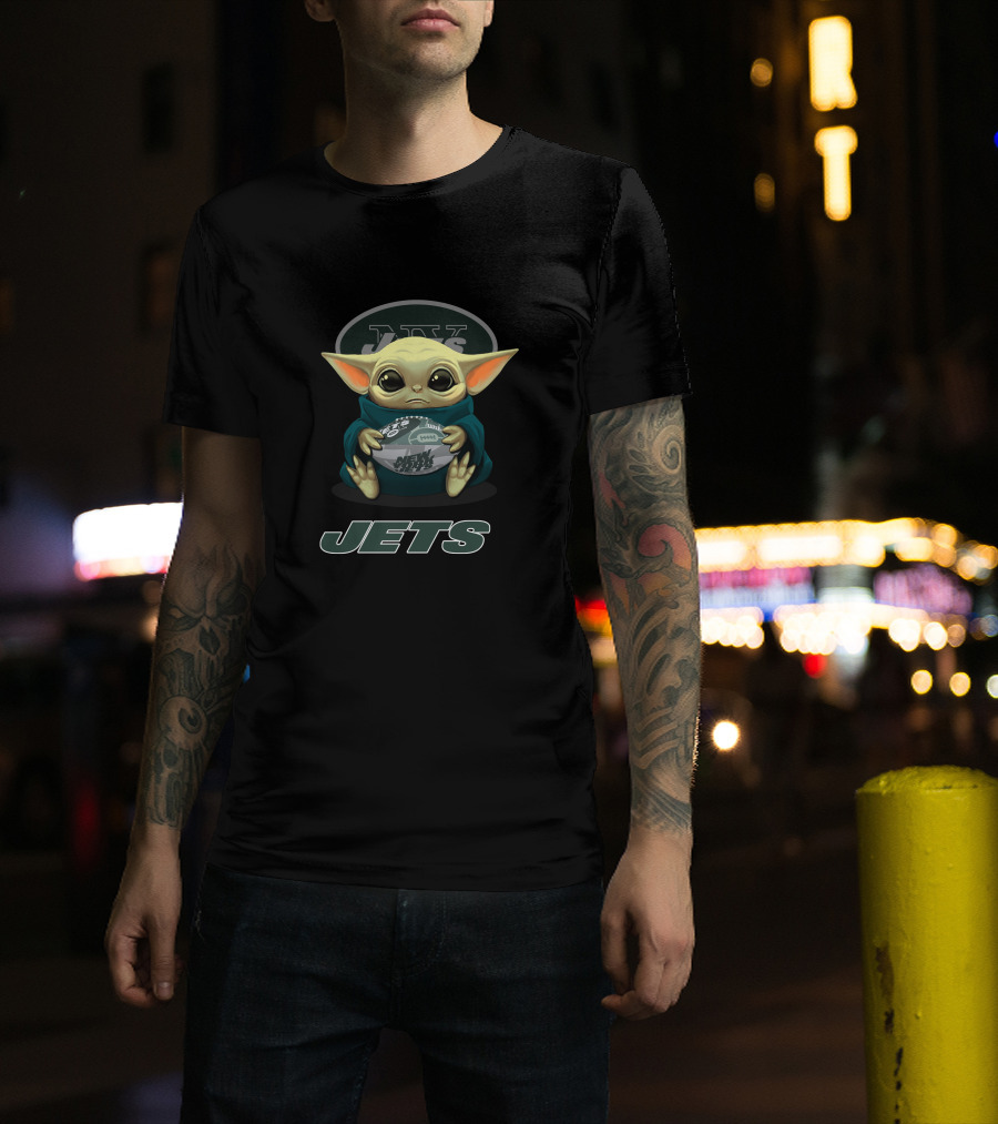 New York Jets Baby Yoda Holding Football T-Shirt