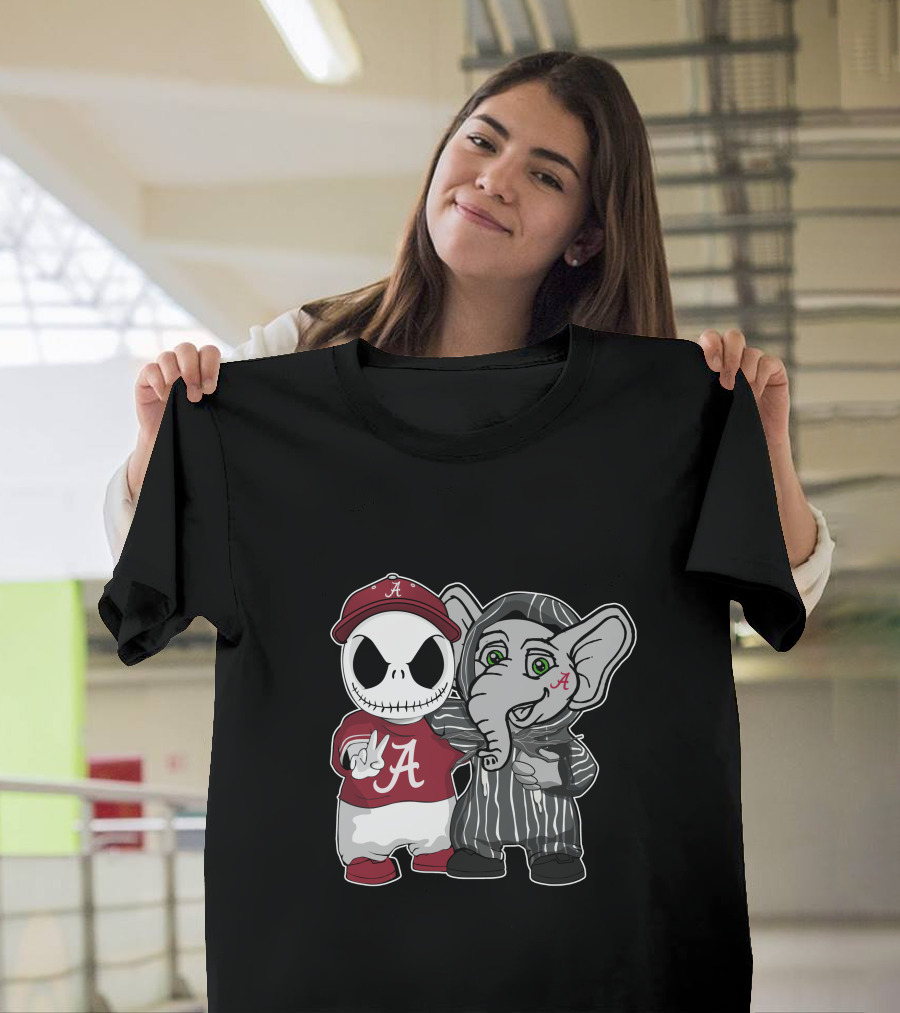 Alabama Crimson Tide Jack Skellington With Elephant In Striped T-Shirt