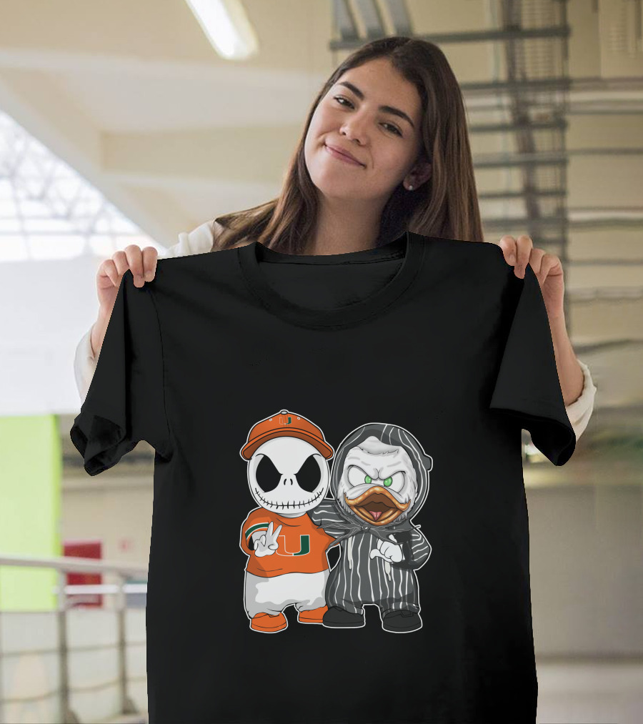 Miami Hurricanes Jack Skellington Oregon Ducks Crossover T-Shirt
