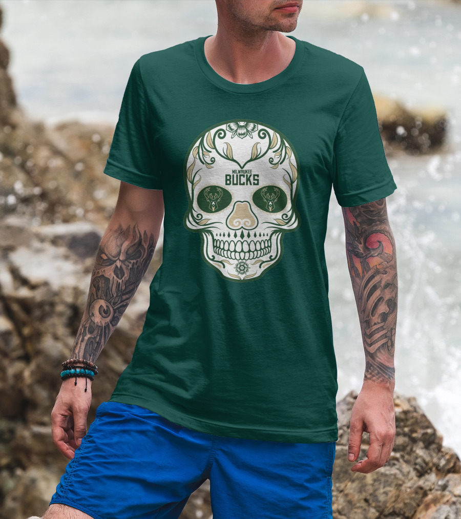 Milwaukee Bucks Skull Deer Logo Floral T-Shirt