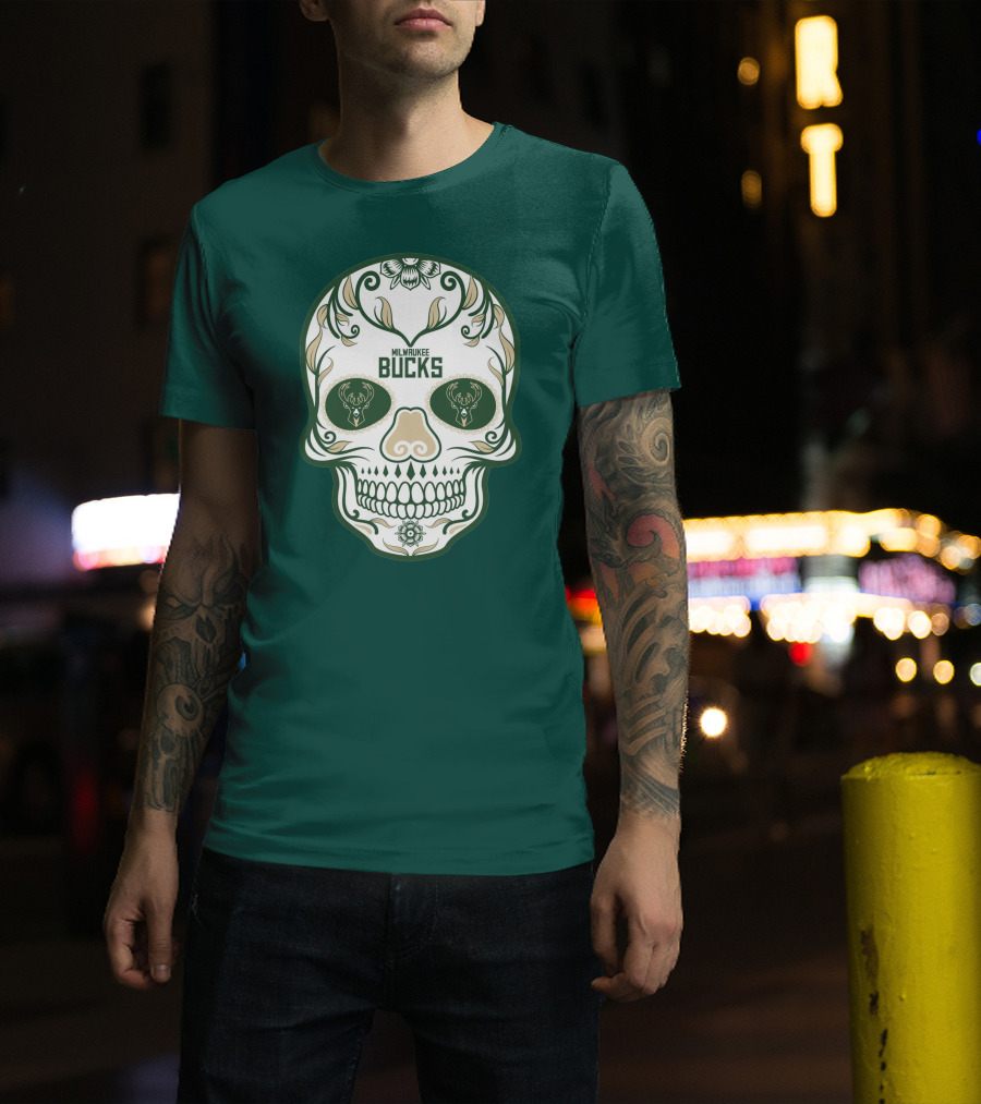 Milwaukee Bucks Skull Deer Logo Floral T-Shirt