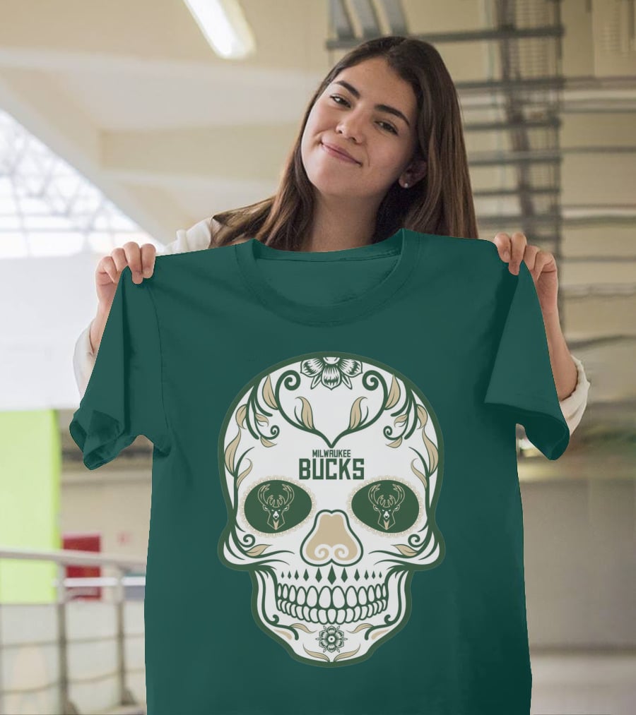 Milwaukee Bucks Skull Deer Logo Floral T-Shirt