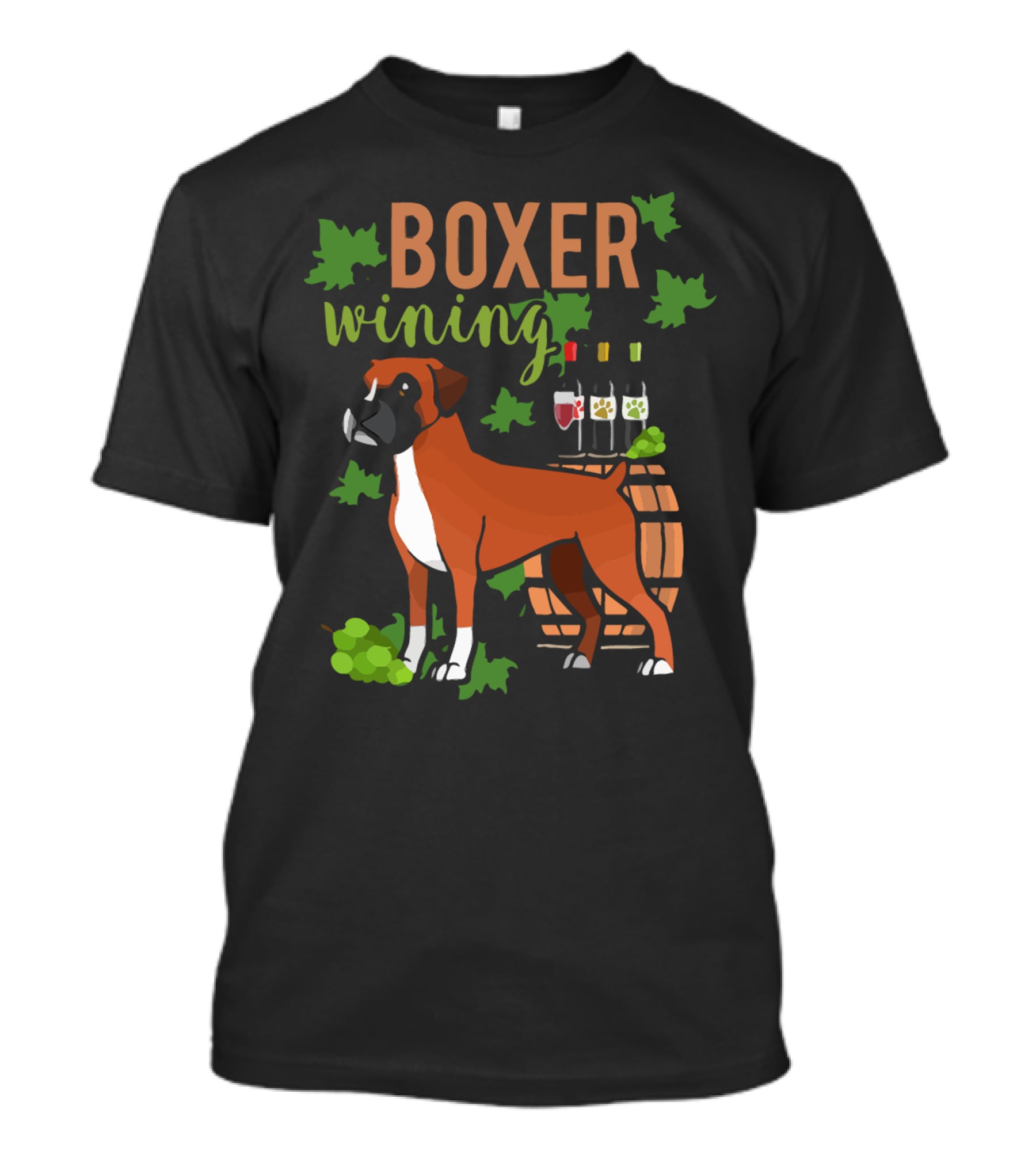 Boxer Wining Grapes And Wine Barrel Dog T-Shirt