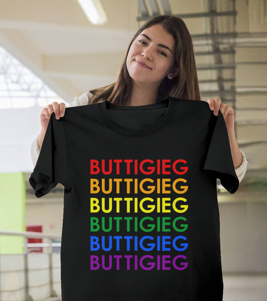 BUTTIGIEG Rainbow Pride Colors Text T-Shirt