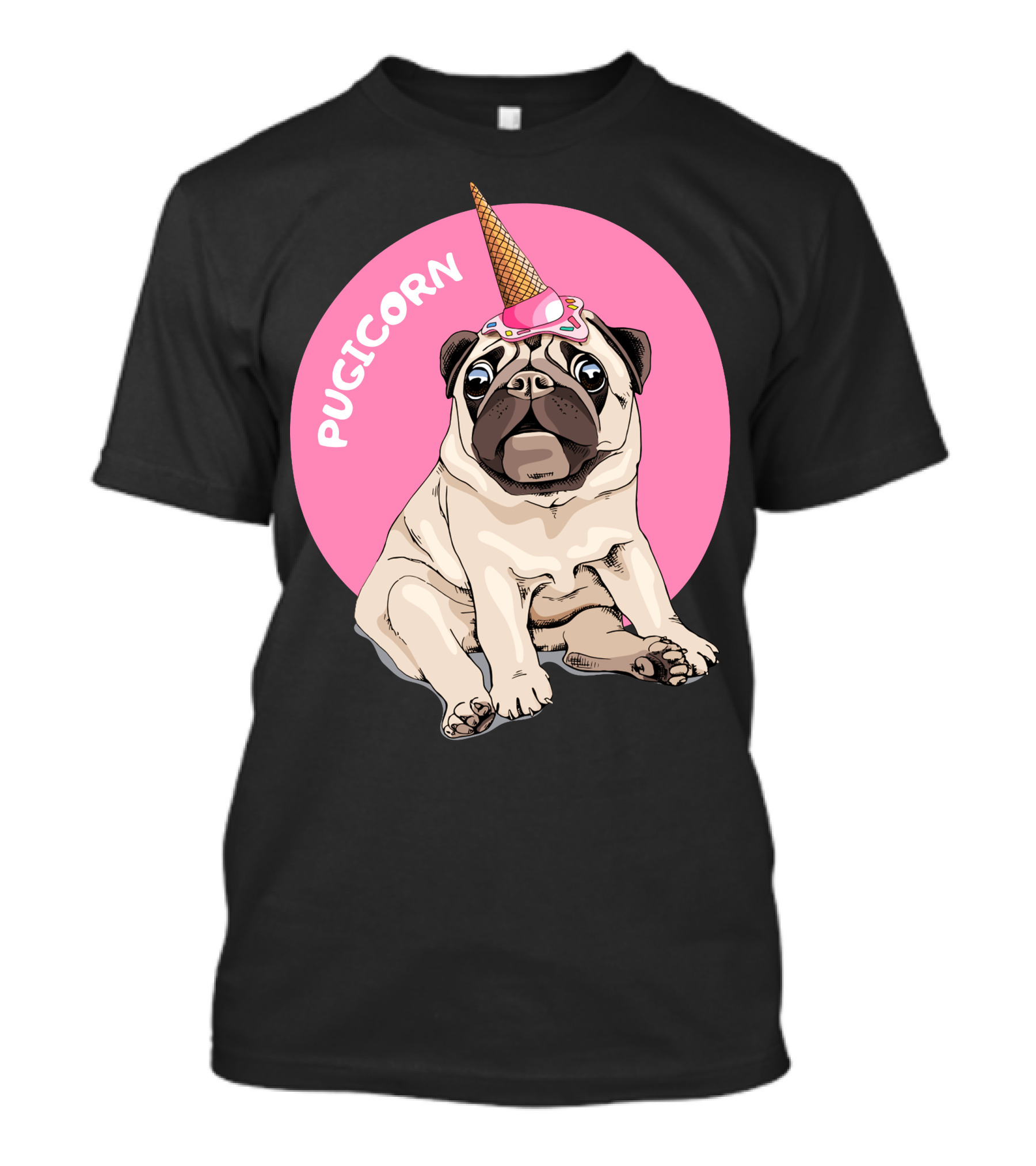 Pugicorn Ice Cream Cone Hat Sitting Pug Pink Circle T-Shirt