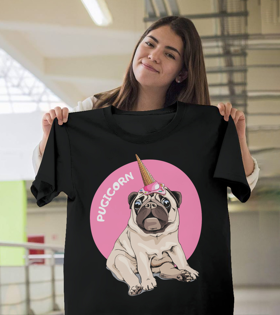 Pugicorn Ice Cream Cone Hat Sitting Pug Pink Circle T-Shirt