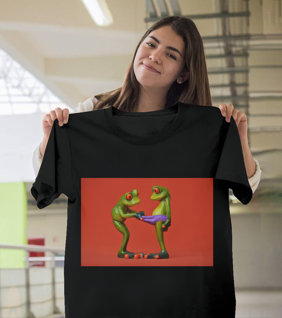 Quite Frog Green Figurines on Red Background with Purple Shorts T-Shirt