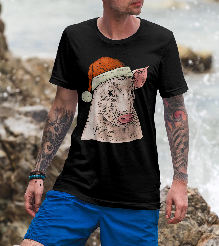 Pig In Santa Claus Cap Christmas T-Shirt