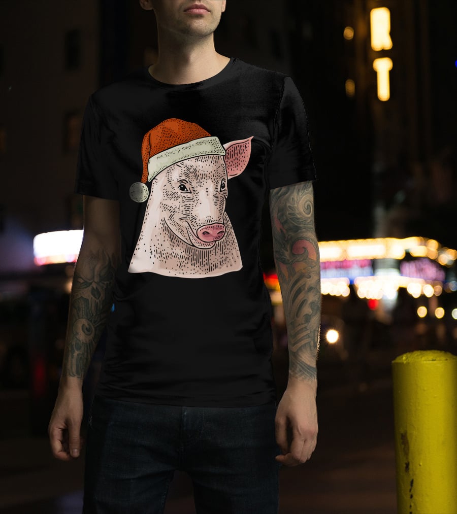 Pig In Santa Claus Cap Christmas T-Shirt