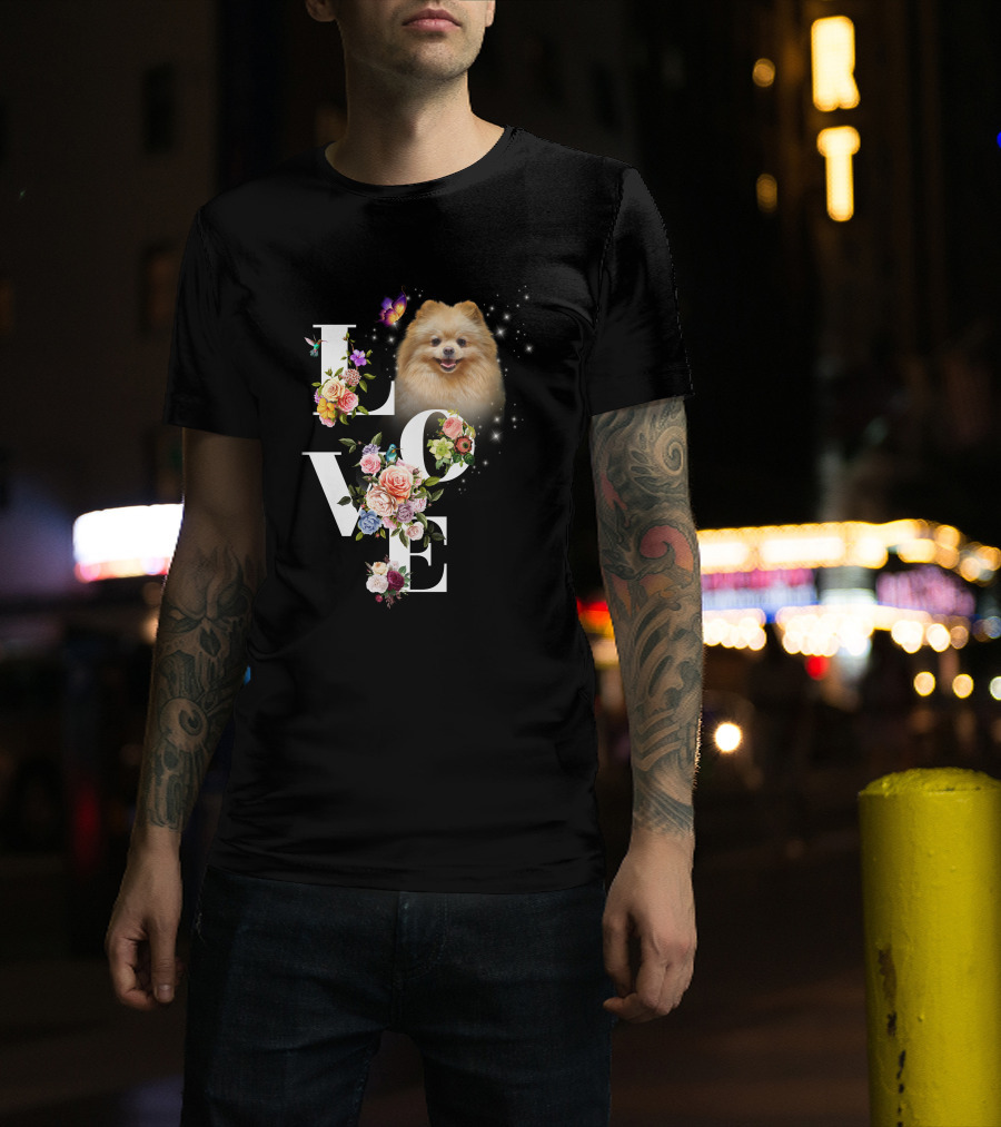 LOVE Pomeranian With Flowers And Butterfly T-Shirt