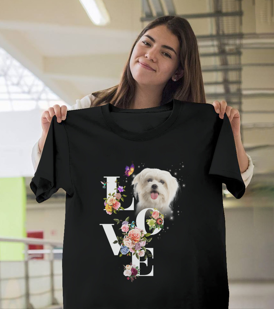 LOVE Maltese Dog Floral Butterfly T-Shirt