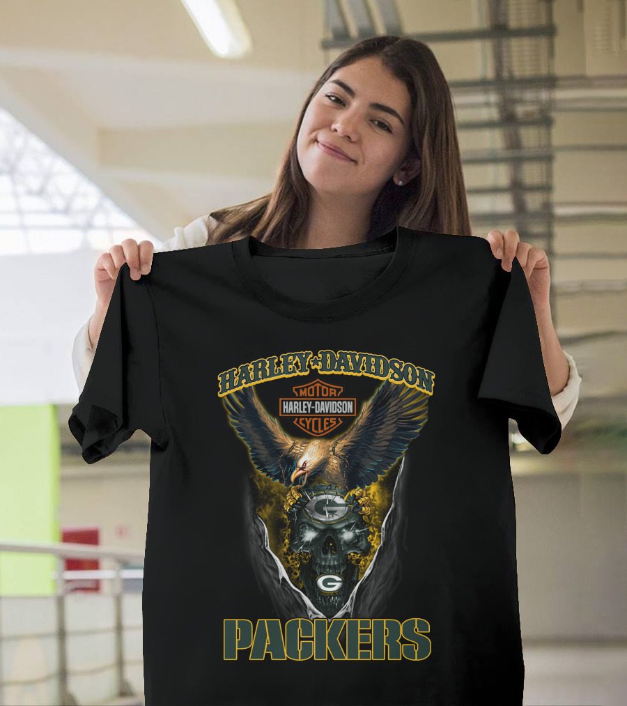 Harley Davidson Motorcycles Green Bay Packers Eagle And Skull T-Shirt