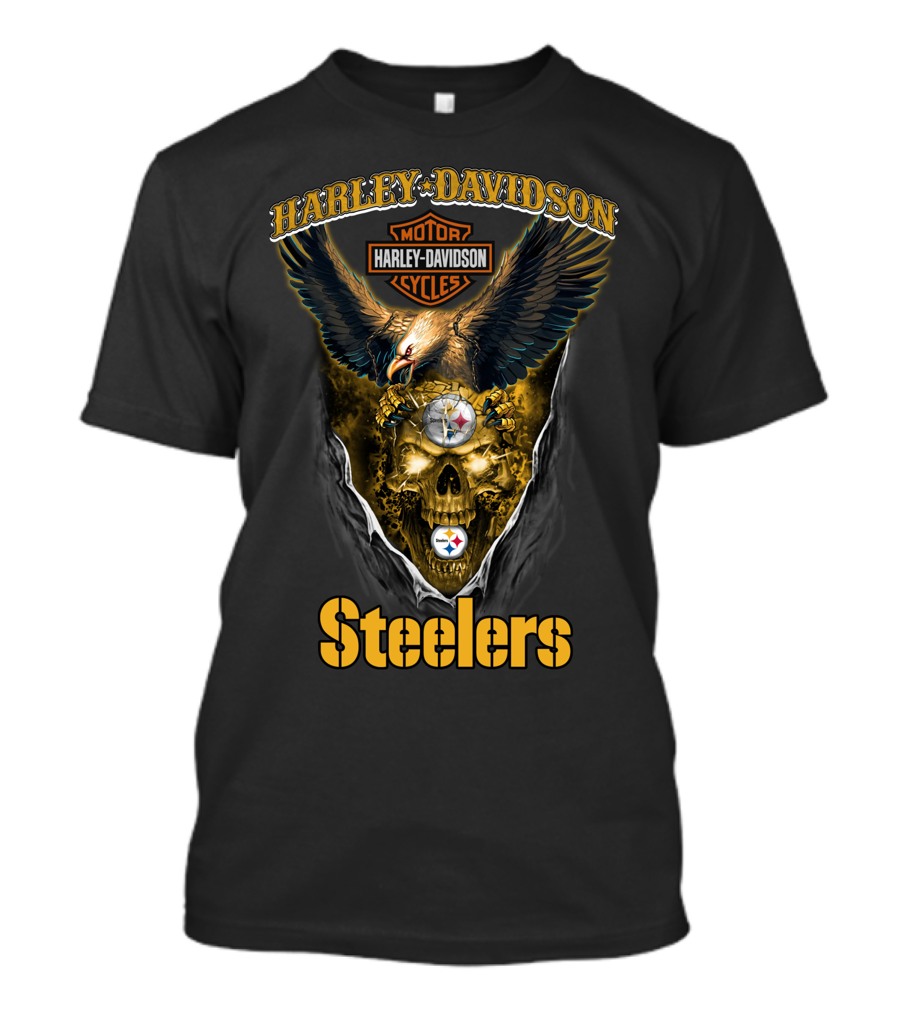 Harley Davidson Motor Cycles Pittsburgh Steelers Eagle Skull Nfl T-Shirt