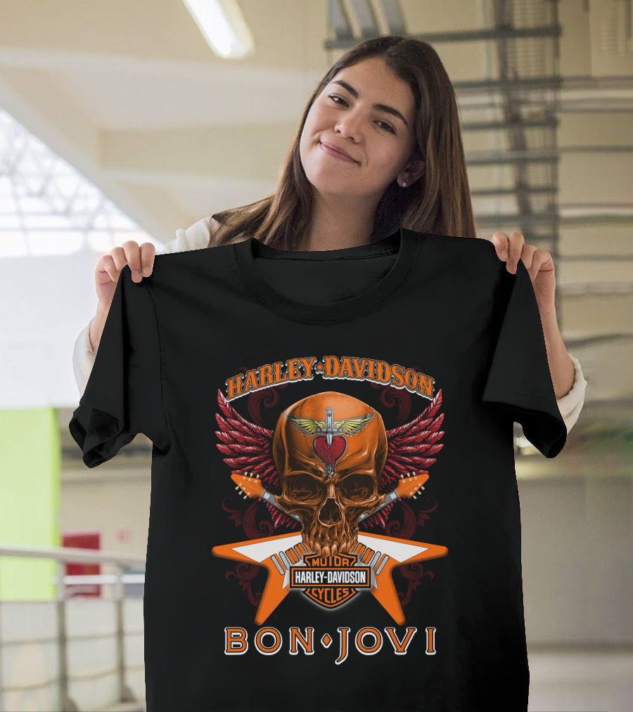 Harley Davidson Bon Jovi Skull Wings Guitar Cycles T-Shirt