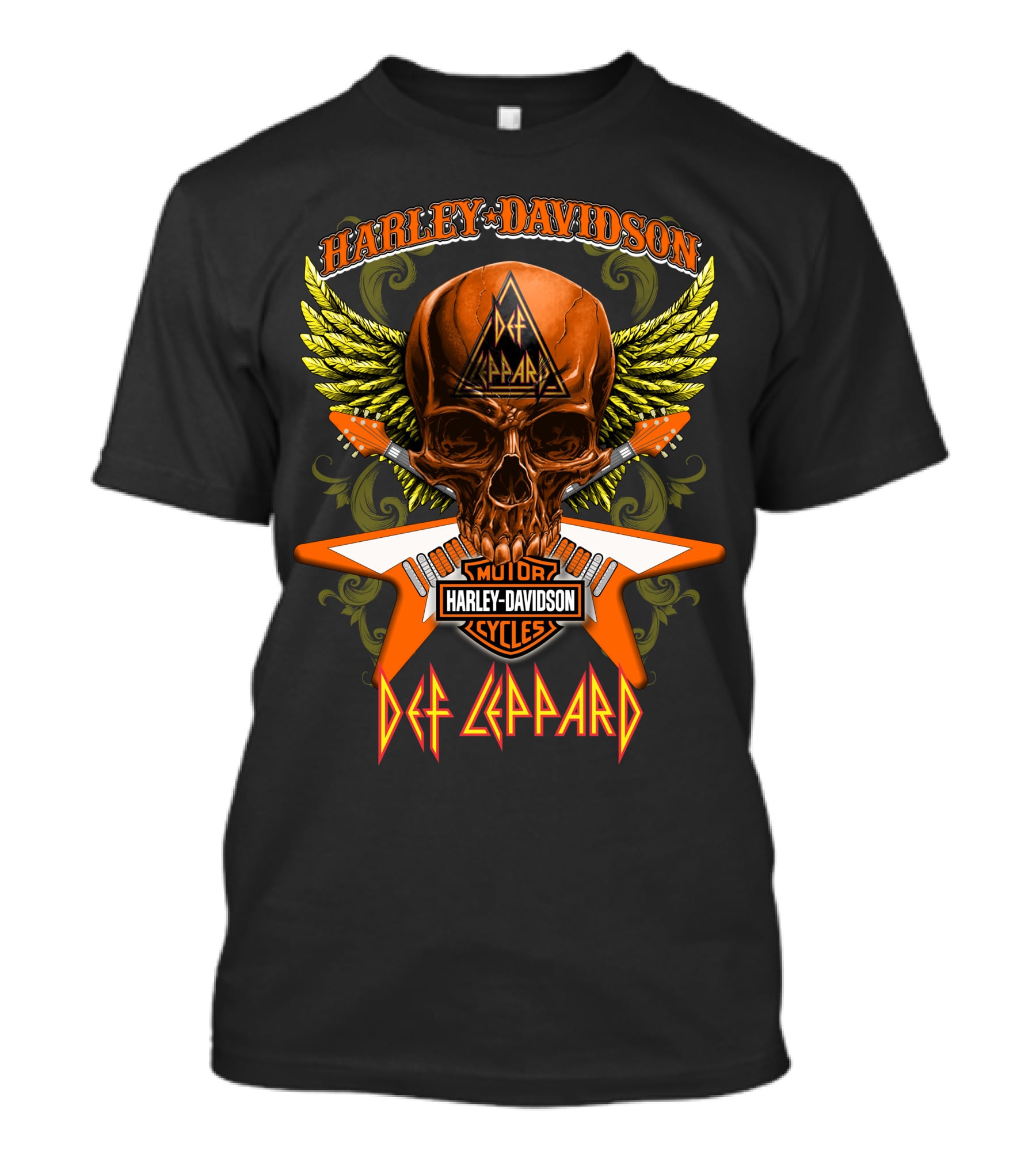 Harley Davidson Motorcycles Def Leppard Skull Wings Guitar T-Shirt