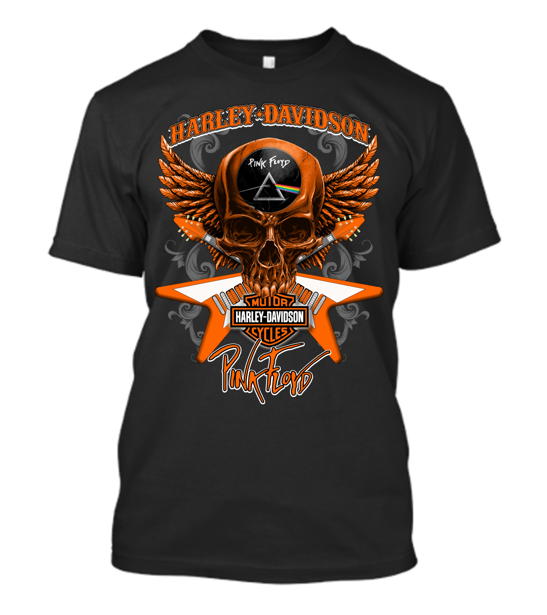 Harley Davidson Pink Floyd Skull Design With Prism And Wings T-Shirt