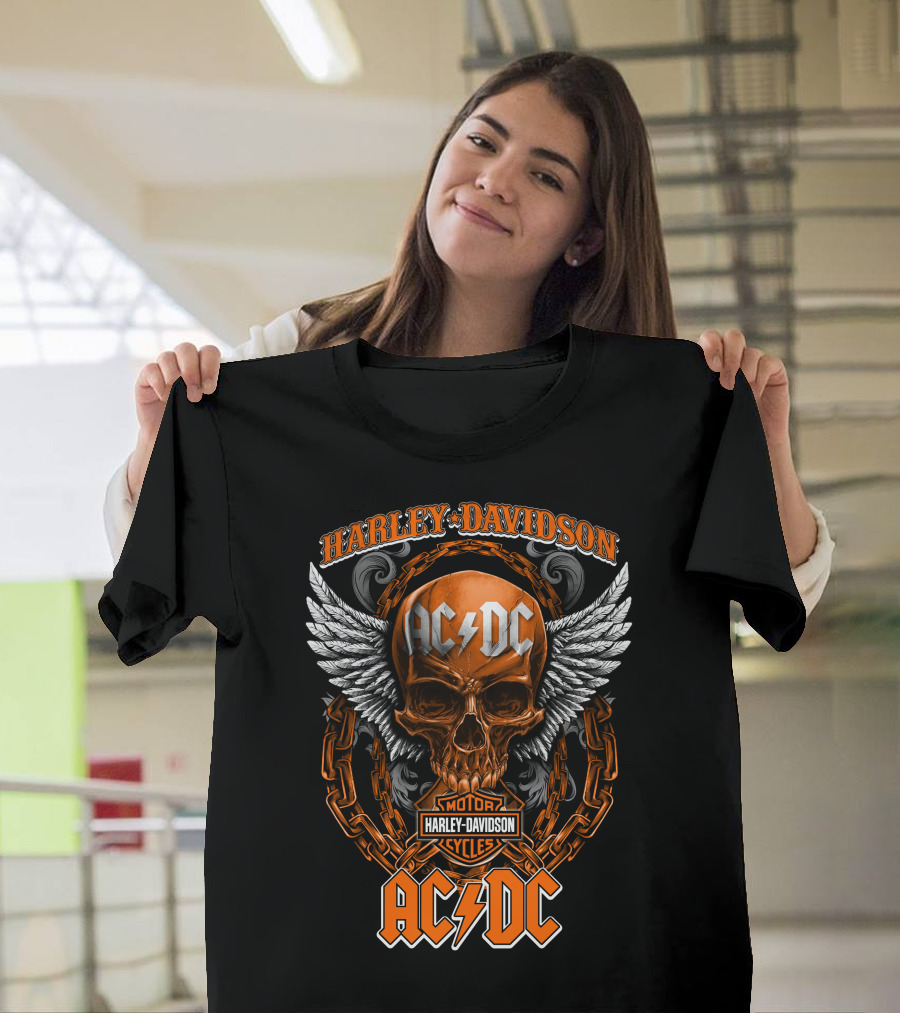 Harley Davidson Acdc Skull With Chains And Wings T-Shirt