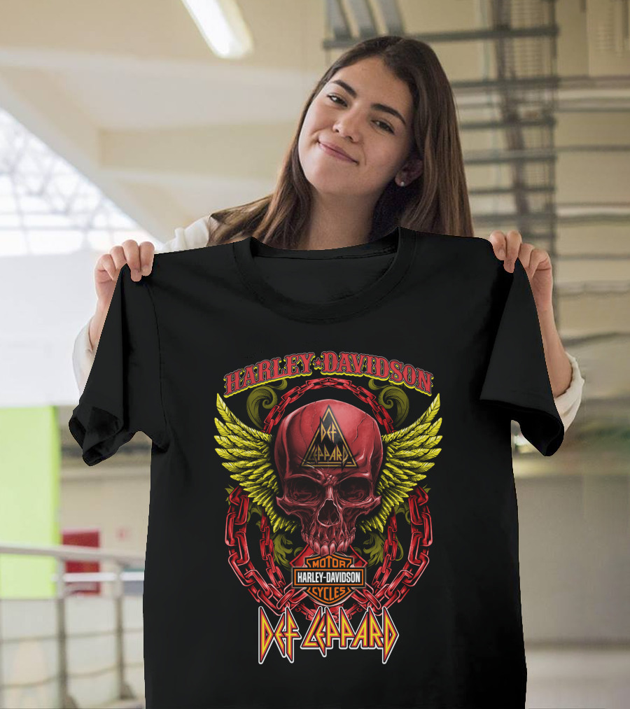Harley Davidson Def Leppard Skull With Chains And Wings T-Shirt