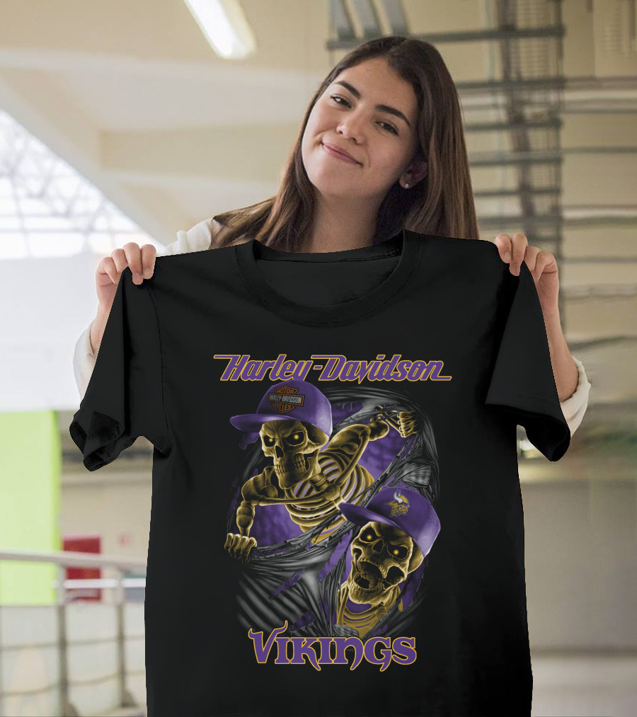 Harley Davidson Vikings Skeletons In Purple Caps With Logos T-Shirt