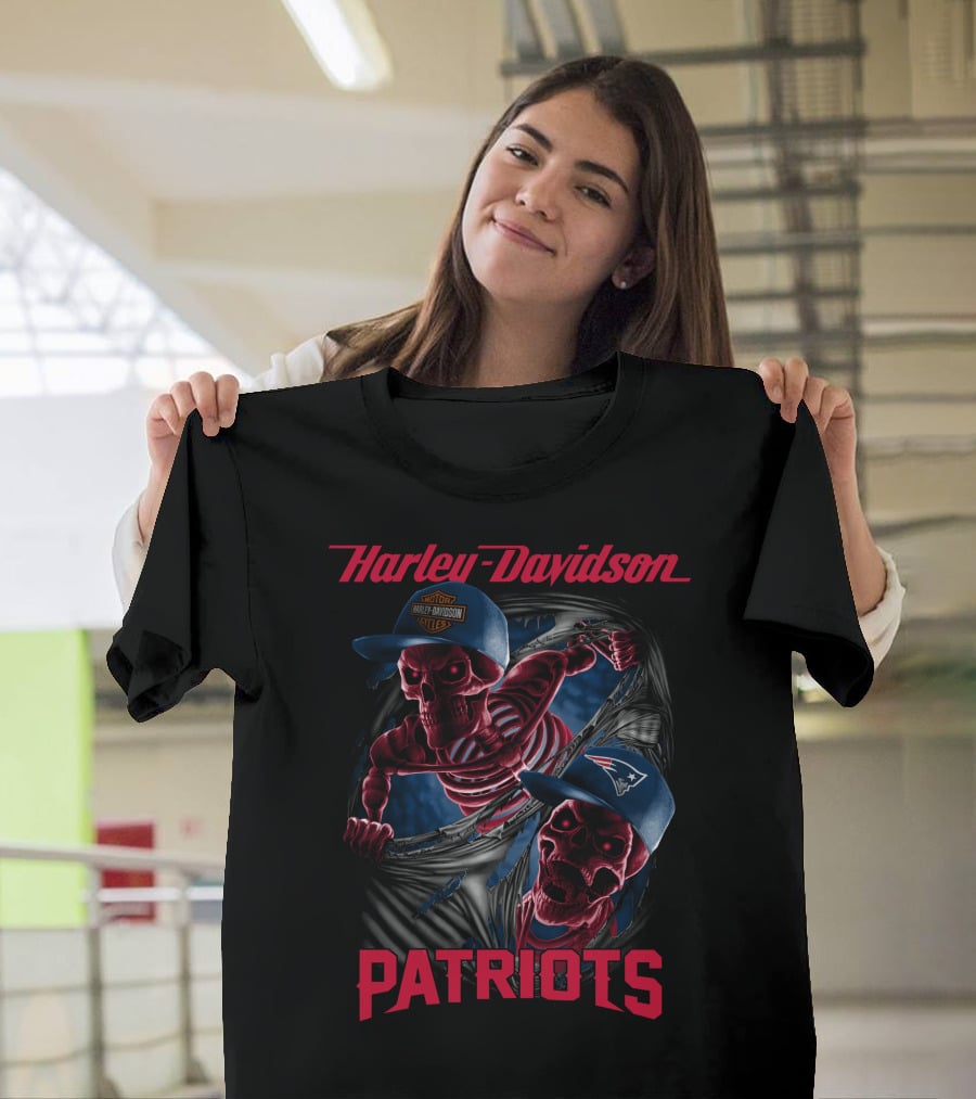 Harley Davidson New England Patriots Skeletons In Baseball Caps T-Shirt