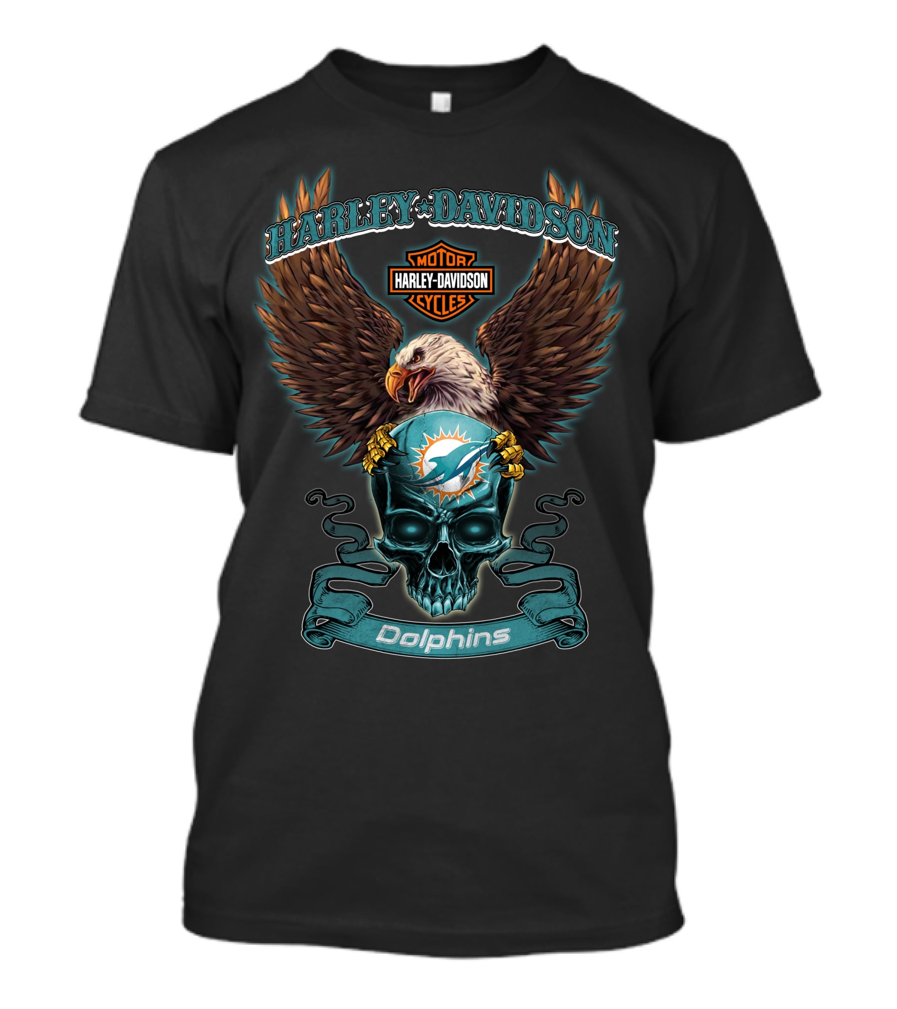 Harley Davidson Miami Dolphins Skull And Eagle T-Shirt