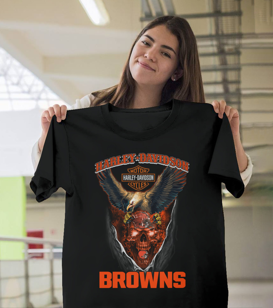 Harley Davidson Cleveland Browns Eagle Skulls Cycles T-Shirt
