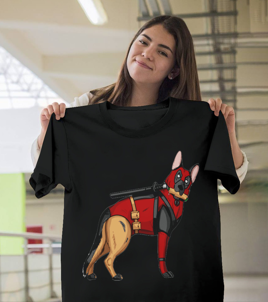 German Shepherd In Deadpool Costume With Sword And Bone T-Shirt