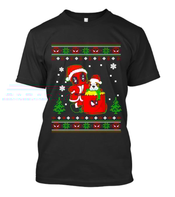 Deadpool Bulldog Christmas Santa Ugly Sweater Snowflakes Trees T-Shirt