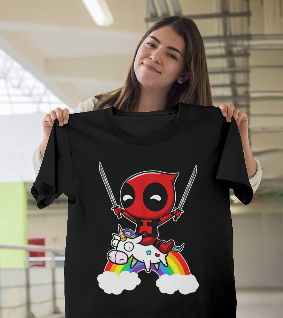 Deadpool Riding Unicorn Over Rainbow with Dual Swords T-Shirt