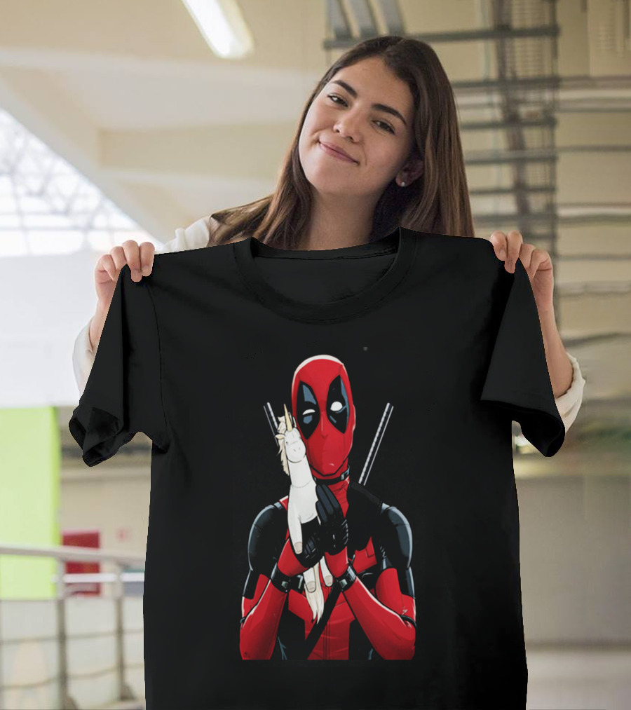 Deadpool Hugging Unicorn Toy With Iconic Red And Black Suit T-Shirt