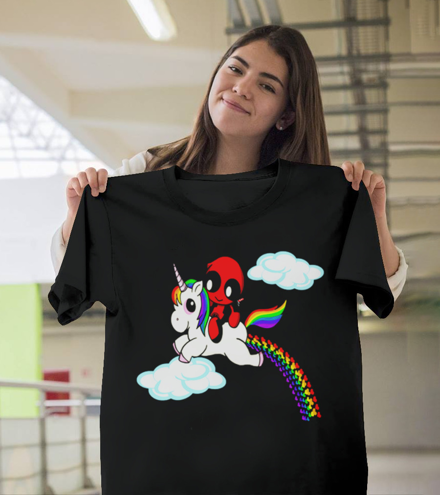 Deadpool Riding Rainbow Unicorn In Clouds T-Shirt