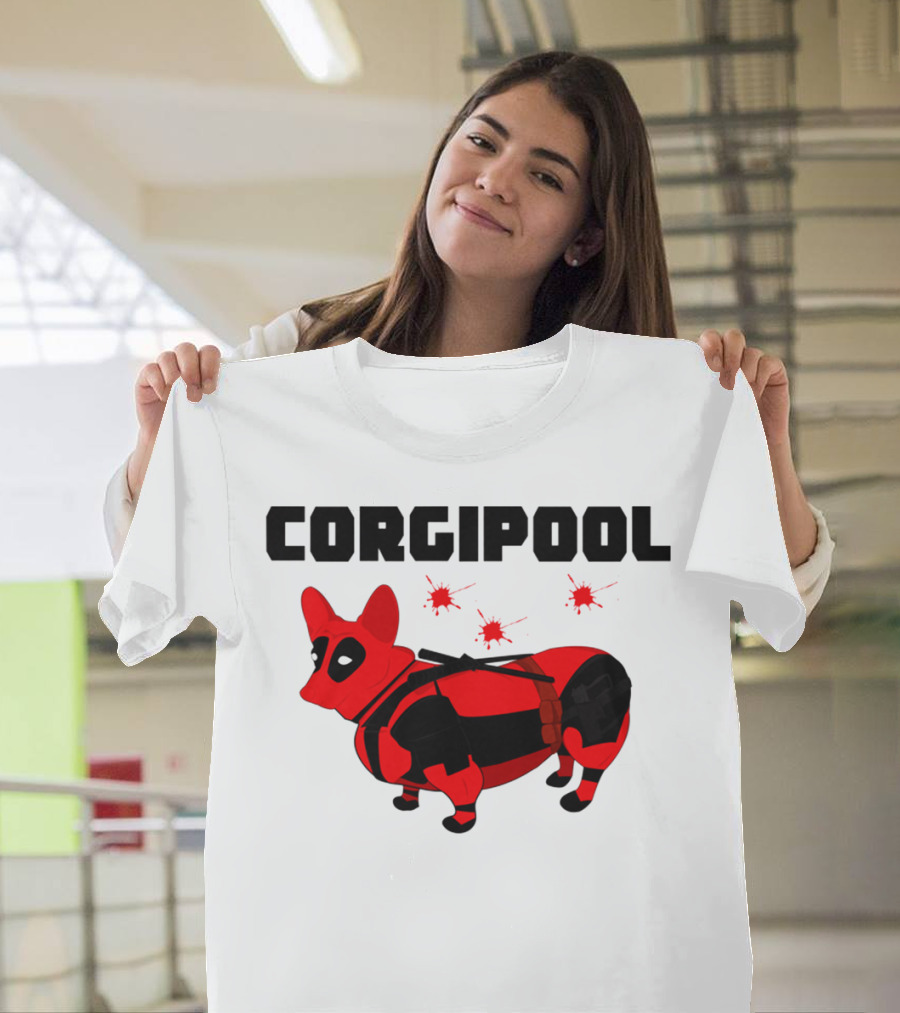 Corgipool Corgi Deadpool Parody with Red and Black Costume and Comic-Style Font T-Shirt