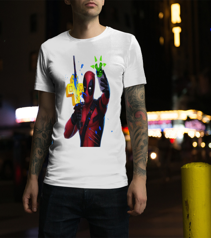 Deadpool Videogame Gamer Selfie With Iconic Controller And Green Bomb Symbols T-Shirt