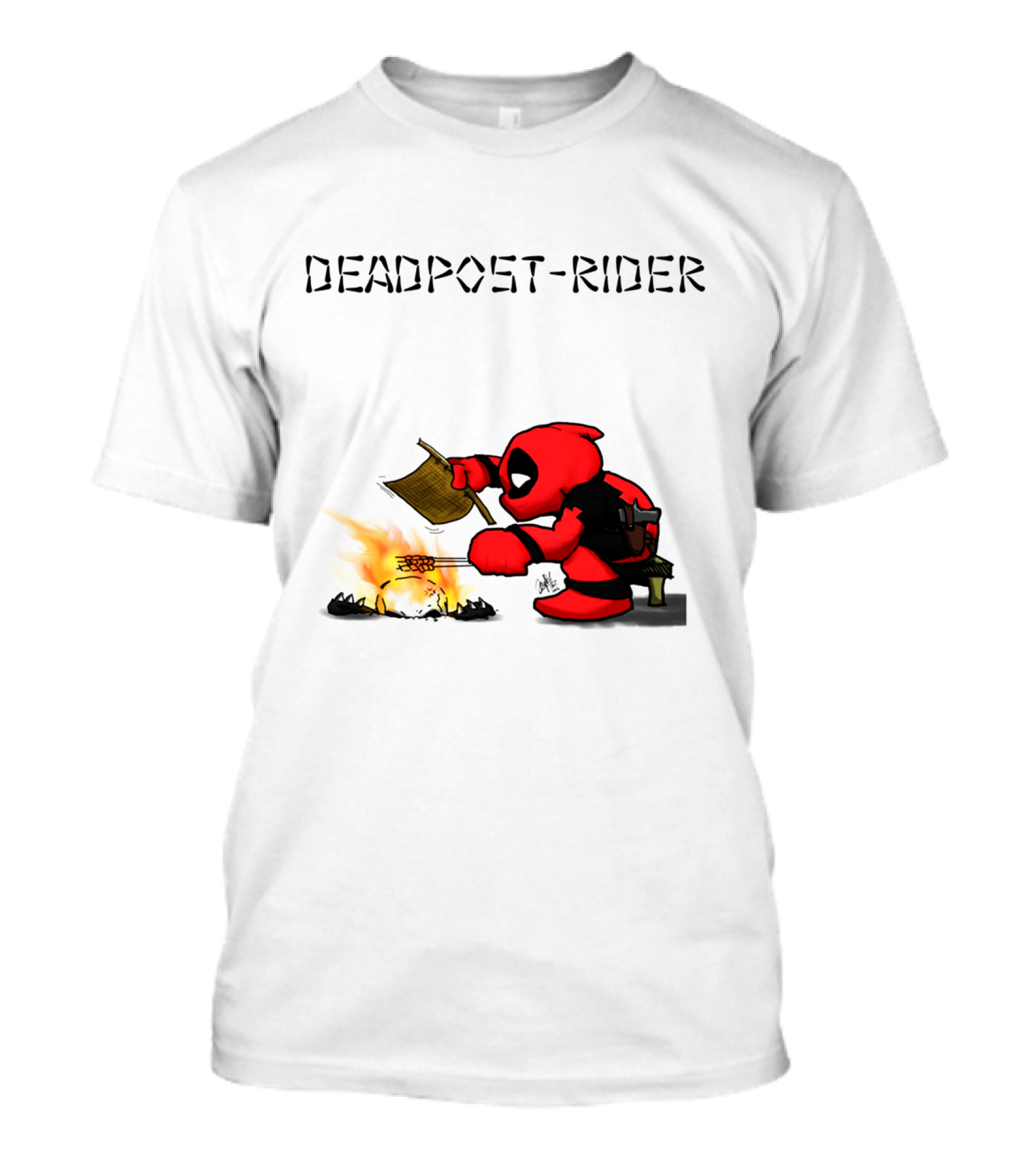 Deadpool Rider Cooking Marshmallow Over Fire Cartoon Scene T-Shirt