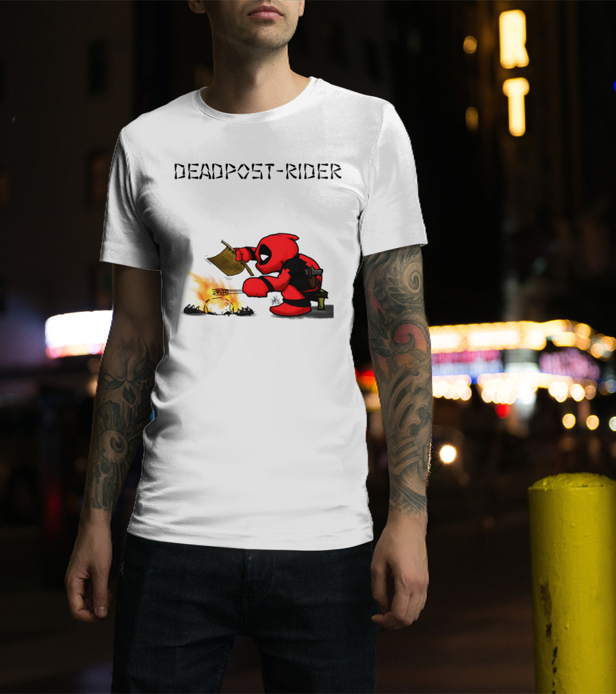 Deadpool Rider Cooking Marshmallow Over Fire Cartoon Scene T-Shirt