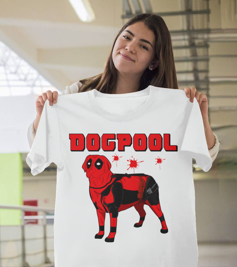 DOGPOOL Inspired By Deadpool With Red Suit And Splattered Background T-Shirt