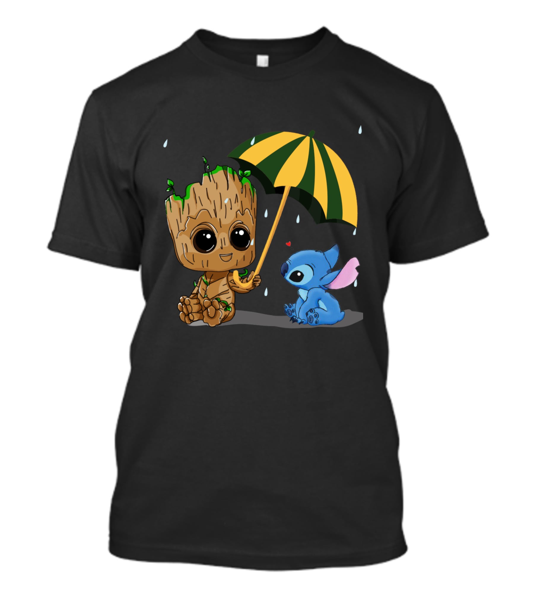 Groot And Little Stitch Friendship Under Umbrella With Raindrops And Heart T-Shirt