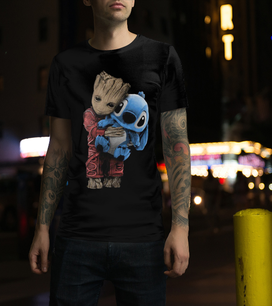 Groot And Baby Stitch Hugging Compilation Disney Marvel Crossover T-Shirt