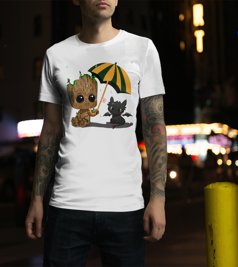 Groot And Little Hiccup Dragon Sharing Umbrella In The Rain T-Shirt