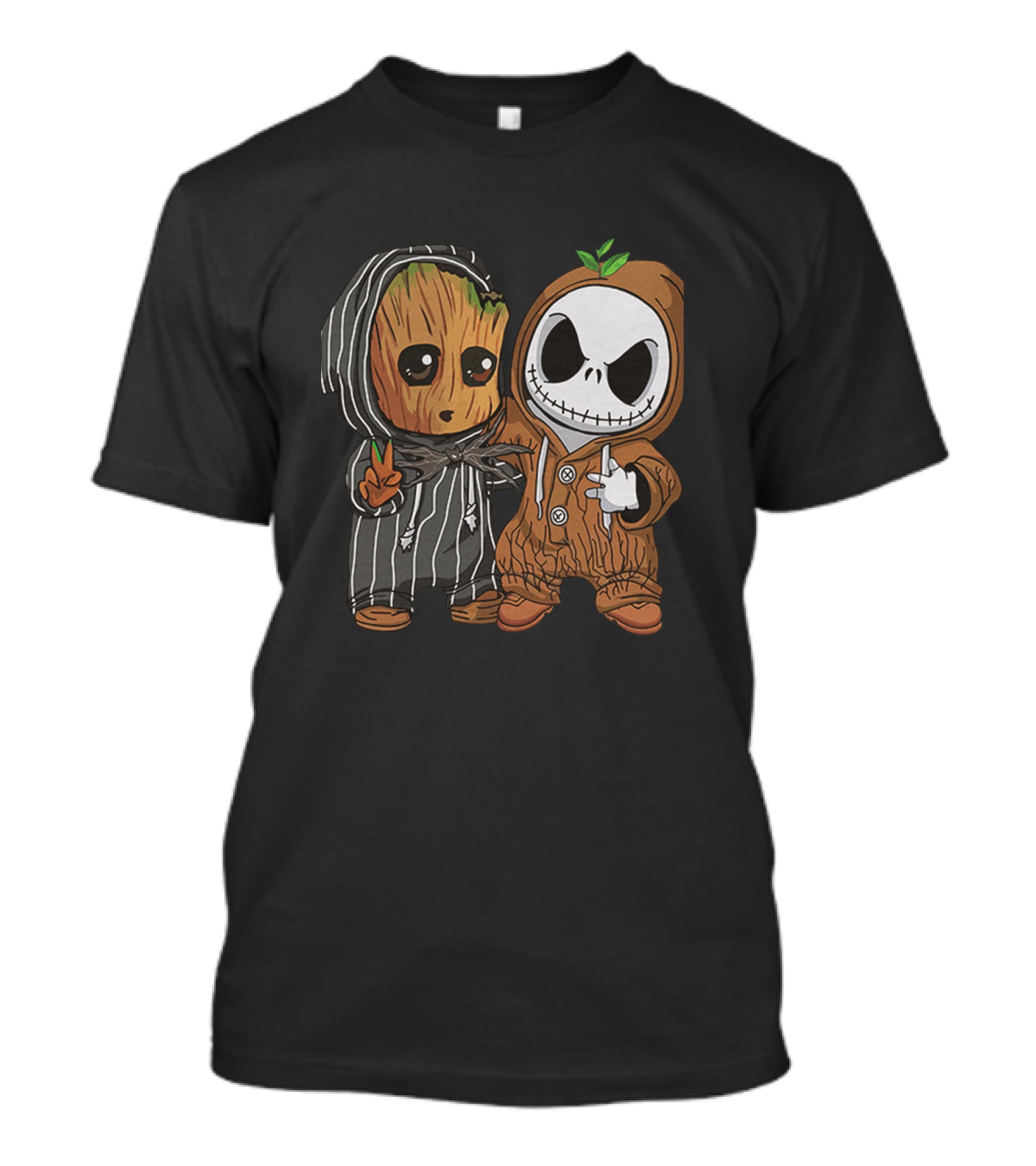 Groot In Striped Hoodie And Jack Skellington In Wood-Patterned Suit T-Shirt