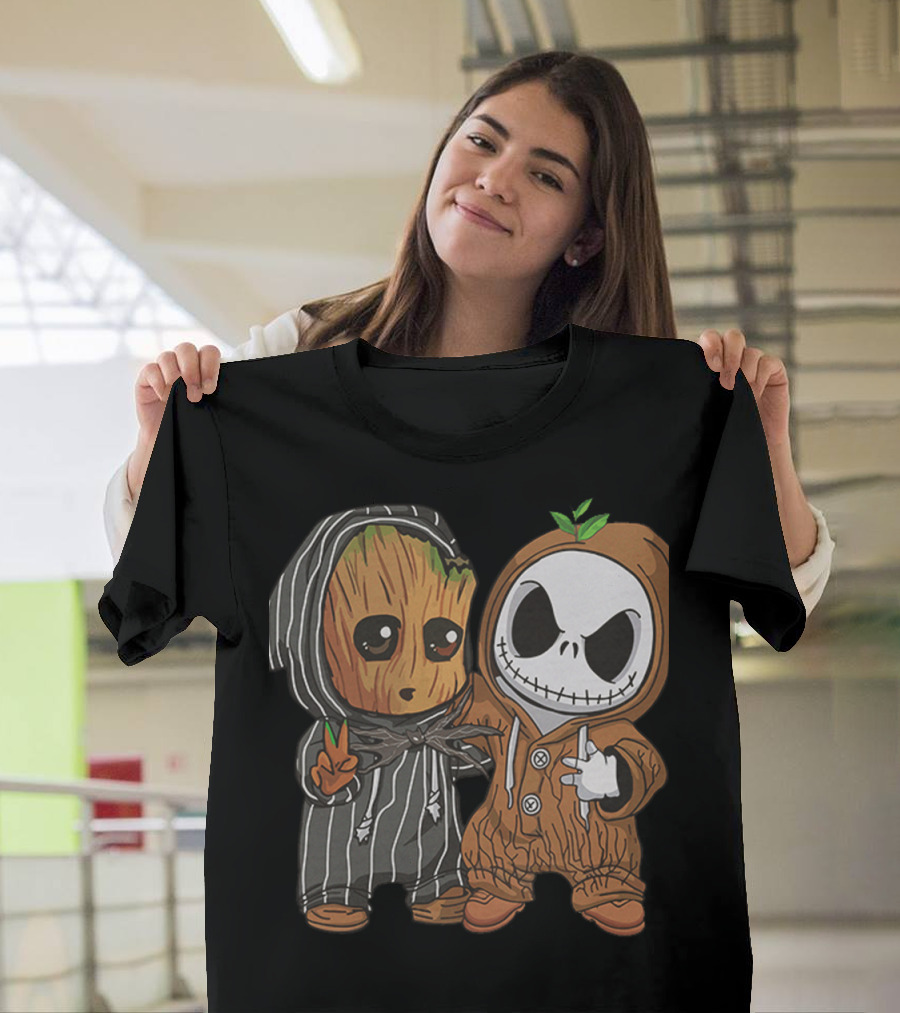 Groot In Striped Hoodie And Jack Skellington In Wood-Patterned Suit T-Shirt