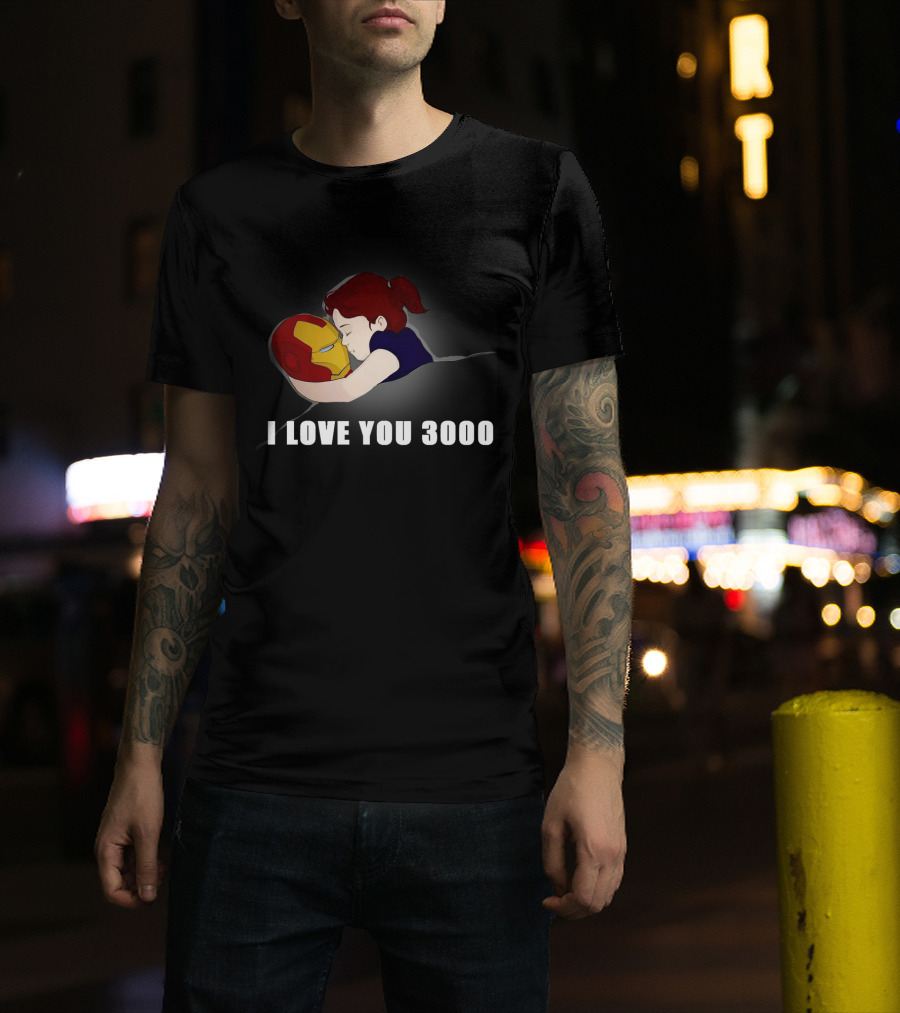 Morgan Stark Hugging Iron Man Helmet With I Love You 3000 Text T-Shirt