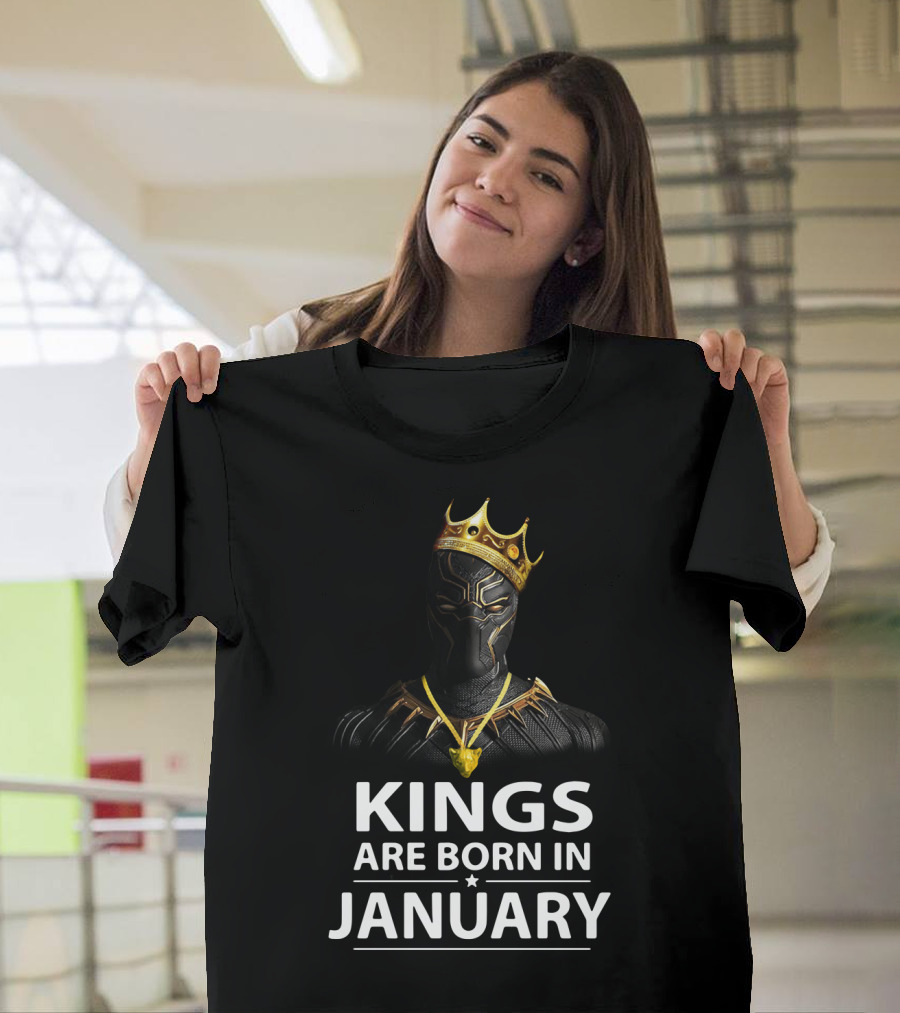 Kings Are Born in January Black Panther with Crown and Necklace T-Shirt