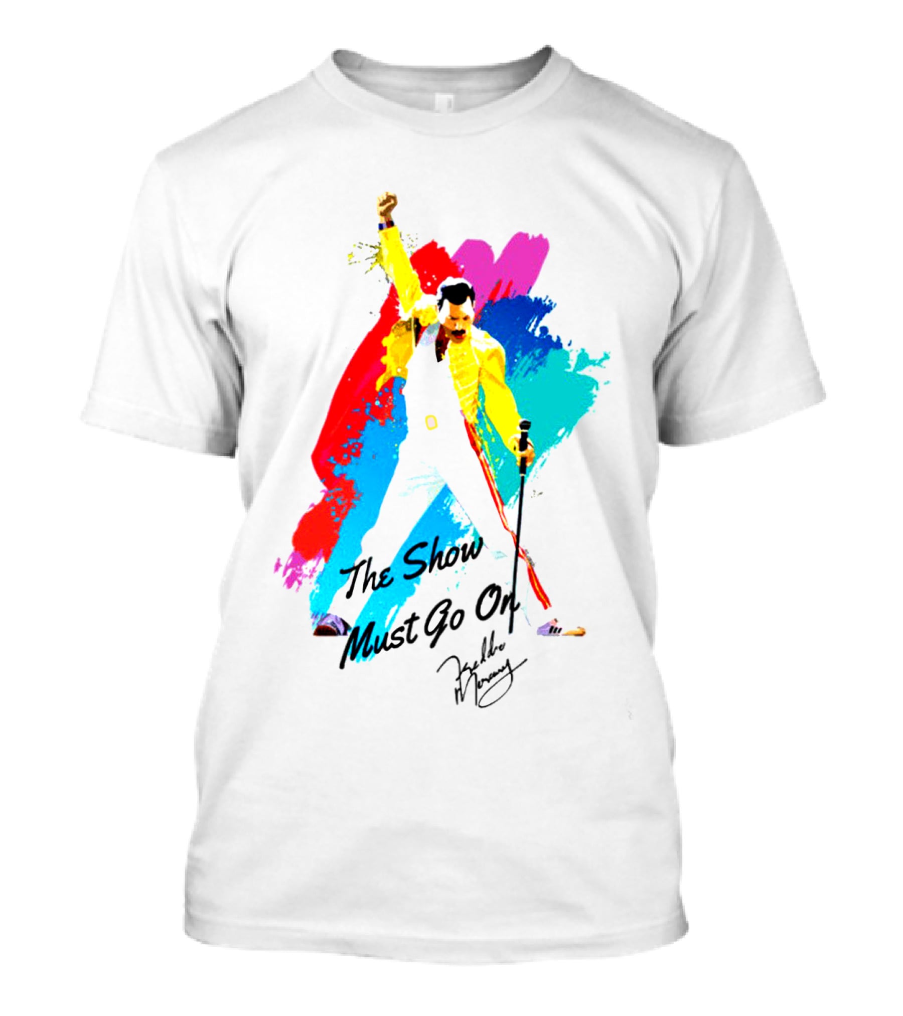 Queen The Show Must Go On Signature Artwork Colorful Freddie Mercury Image T-Shirt