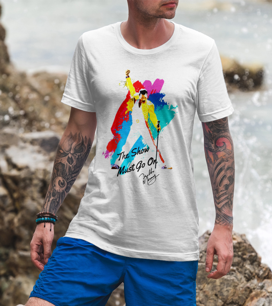 Queen The Show Must Go On Signature Artwork Colorful Freddie Mercury Image T-Shirt