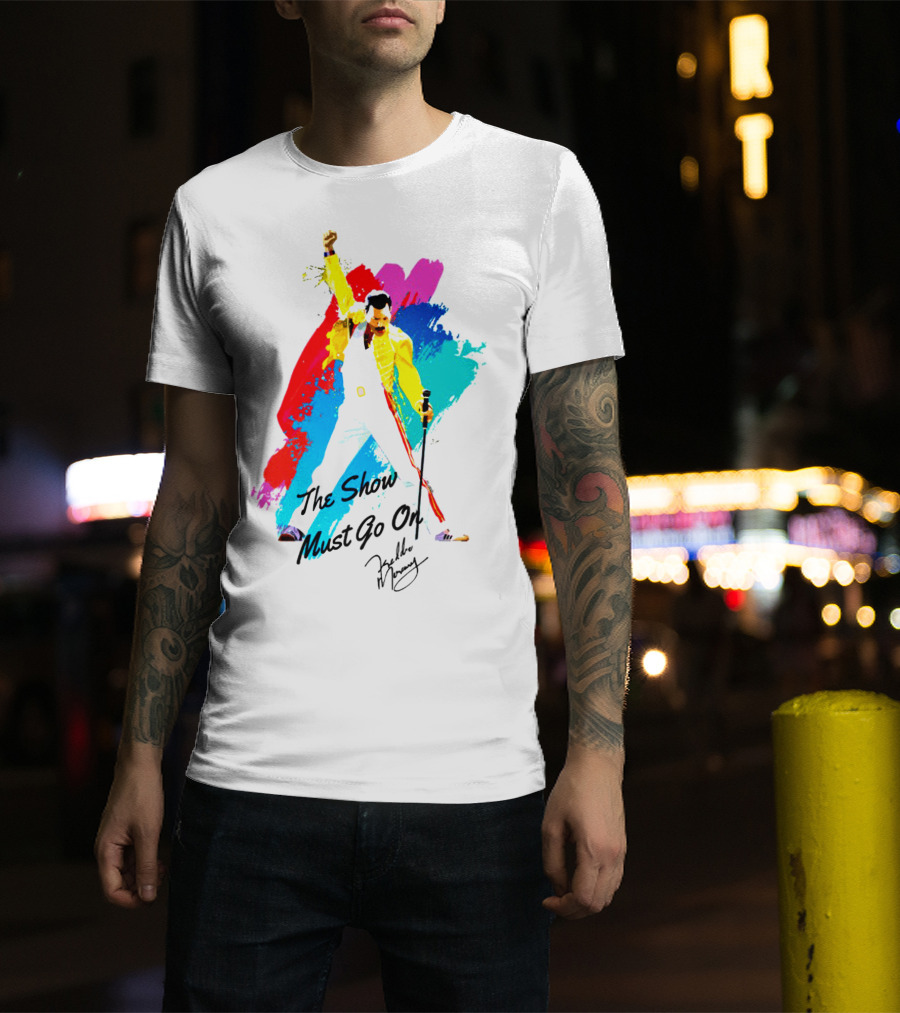 Queen The Show Must Go On Signature Artwork Colorful Freddie Mercury Image T-Shirt