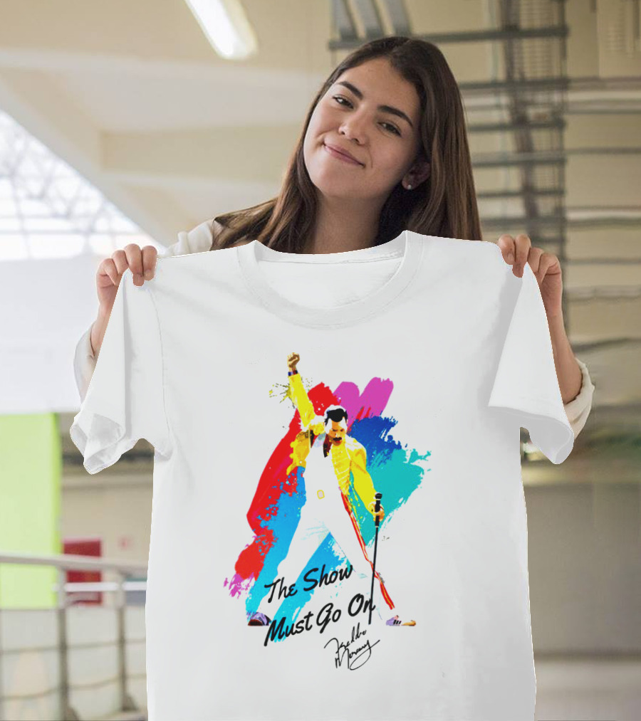 Queen The Show Must Go On Signature Artwork Colorful Freddie Mercury Image T-Shirt