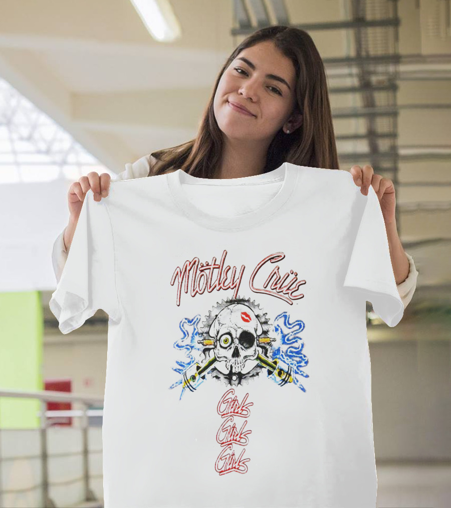 Mötley Crüe Girls Girls Girls Skull and Crossbones with Smoking Pistons and Red Lips Kiss T-Shirt