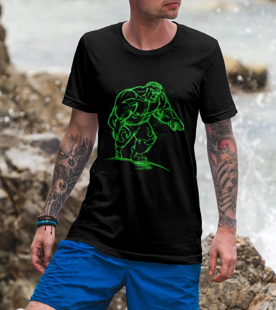 Green Neon Sketch Of Hulk In Dynamic Stance T-Shirt